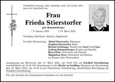 Traueranzeige Frieda Stierstorfer