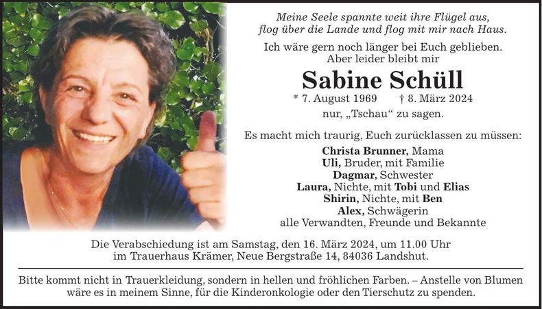 Traueranzeige Sabine Schüll