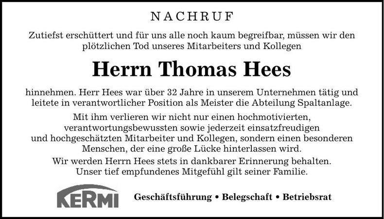 Traueranzeige Thomas Hees