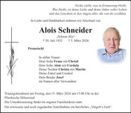 Traueranzeige Alois Schneider