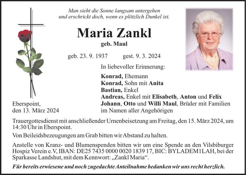 Traueranzeige Maria Zankl