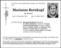 Traueranzeige Marianne Bernkopf