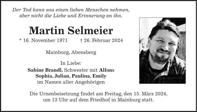 Traueranzeige Martin Selmaier