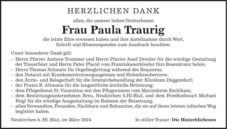 Traueranzeige Paula Traurig
