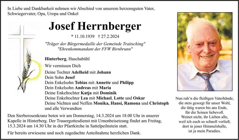 Traueranzeige Josef Herrnberger