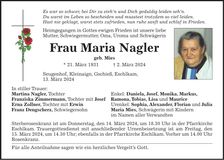 Traueranzeige Maria Nagler