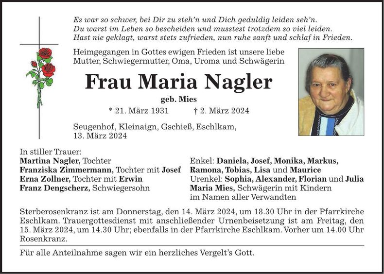 Traueranzeige Maria Nagler