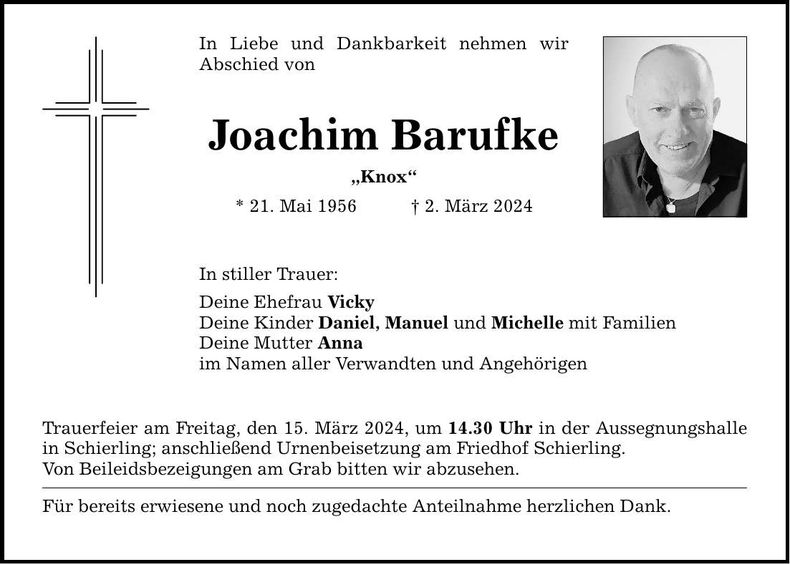 Traueranzeige Joachim Barufke