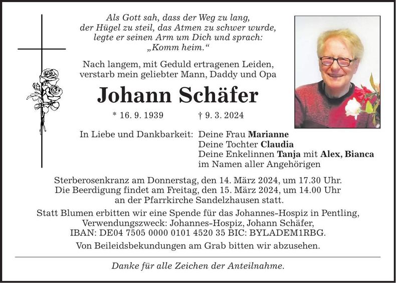Traueranzeige Johann Schäfer