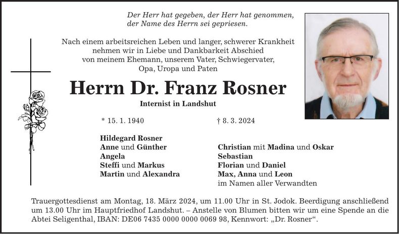 Traueranzeige Franz Dr. Rosner