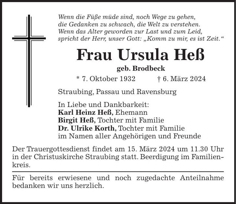 Traueranzeige Ursula Heß