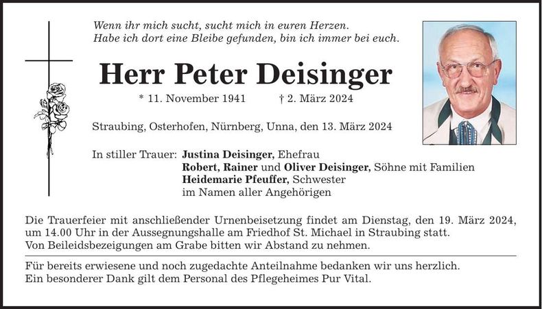 Traueranzeige Peter Deisinger