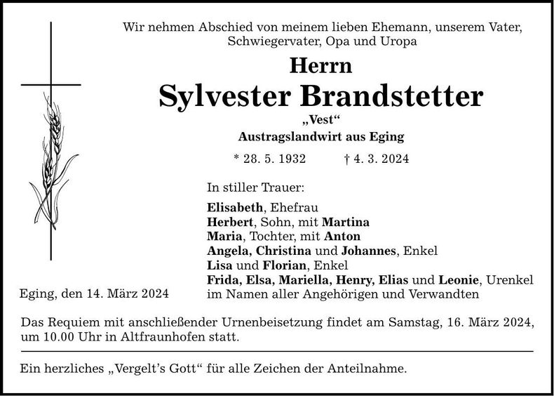Traueranzeige Sylvester Brandstetter