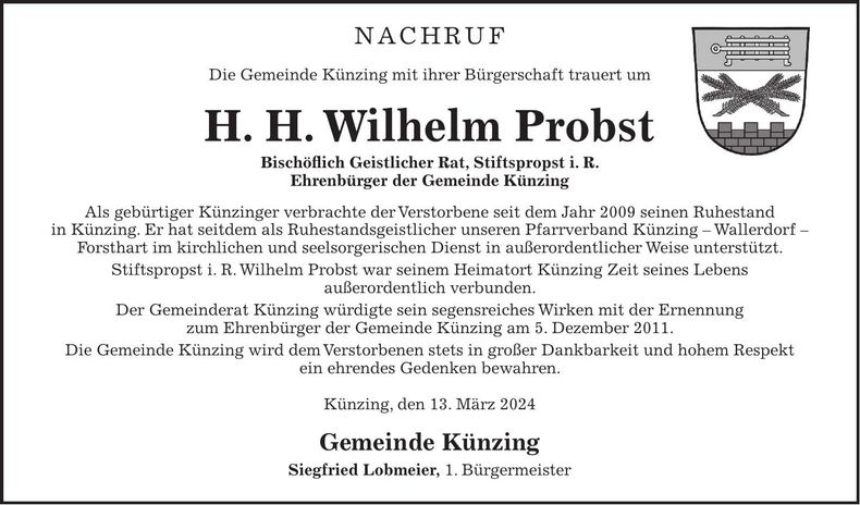 Traueranzeige Wilhelm H. H.  Probst