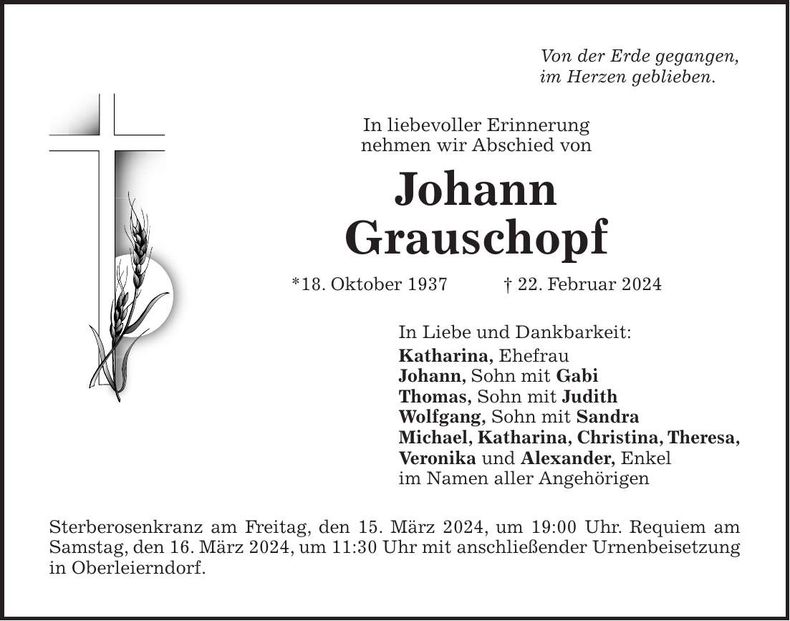 Traueranzeige Johann Grauschopf