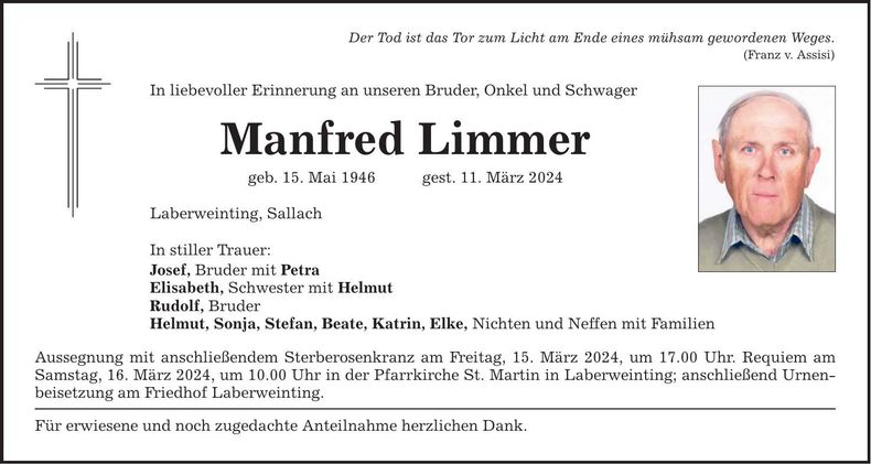 Traueranzeige Manfred Limmer