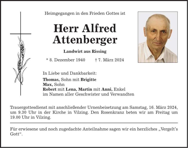 Traueranzeige Alfred Attenberger