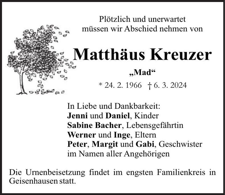 Traueranzeige Matthäus Kreuzer