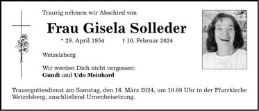 Traueranzeige Gisela Solleder