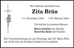 Traueranzeige Zita Bräu