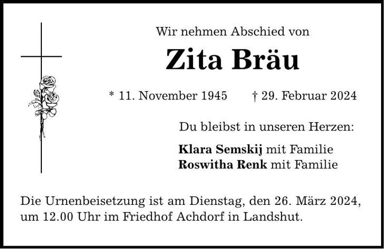 Traueranzeige Zita Bräu