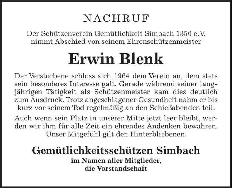 Traueranzeige Erwin Blenk