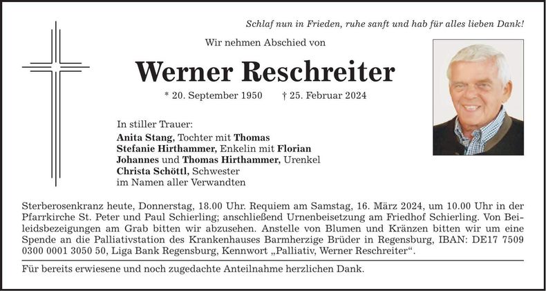 Traueranzeige Werner Reschreiter
