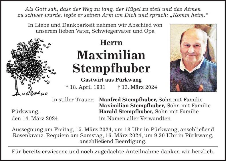 Traueranzeige Maximilian Stempfhuber
