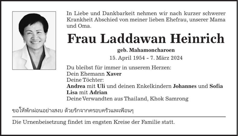 Traueranzeige Laddawan Heinrich