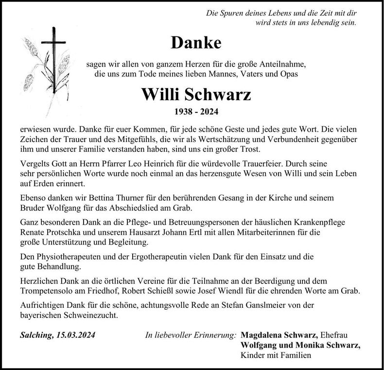 Traueranzeige Willi Schwarz