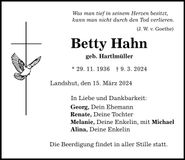 Traueranzeige Betty Hahn