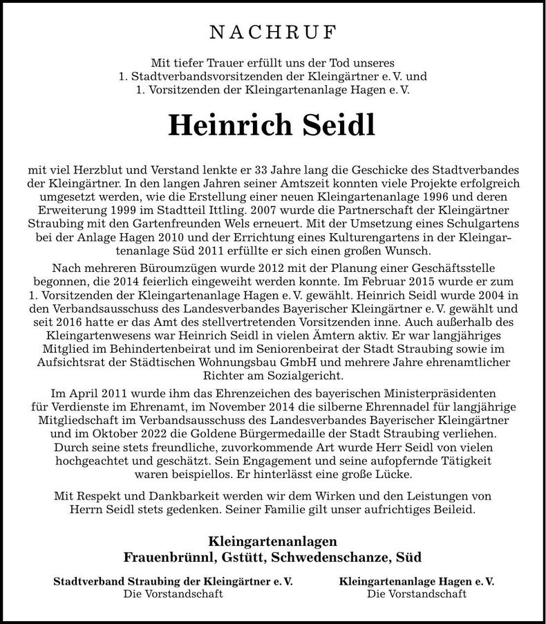 Traueranzeige Heinrich Seidl