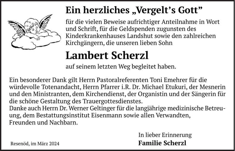 Traueranzeige Lambert Scherzl