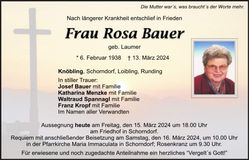 Traueranzeige Rosa Bauer