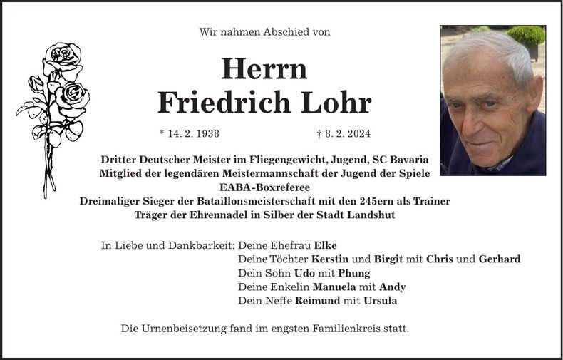 Traueranzeige Friedrich Lohr
