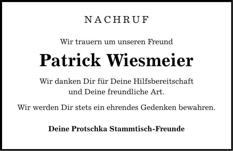 Traueranzeige Patrik Wiesmeier