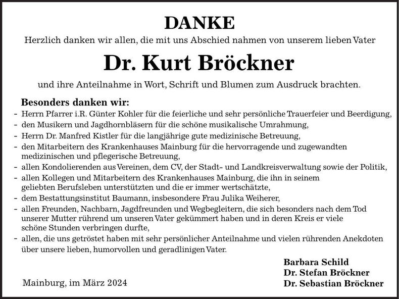 Traueranzeige Kurt Dr. Bröckner
