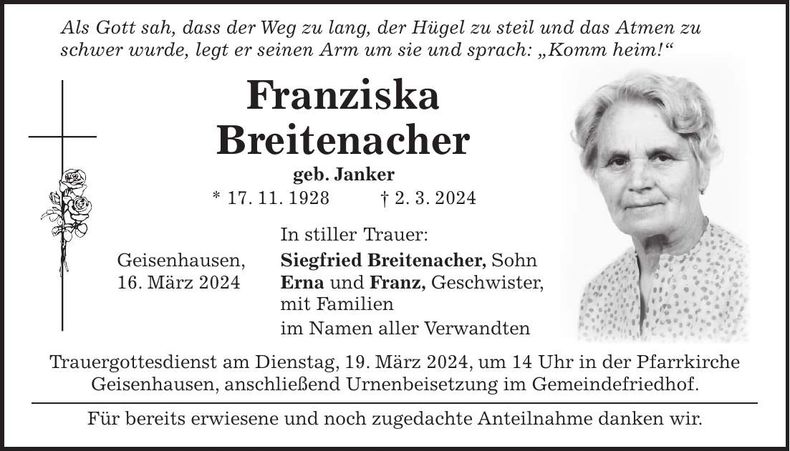 Traueranzeige Franziska Breitenacher