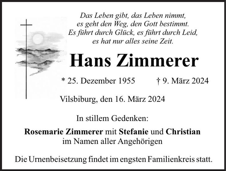 Traueranzeige Hans Zimmerer