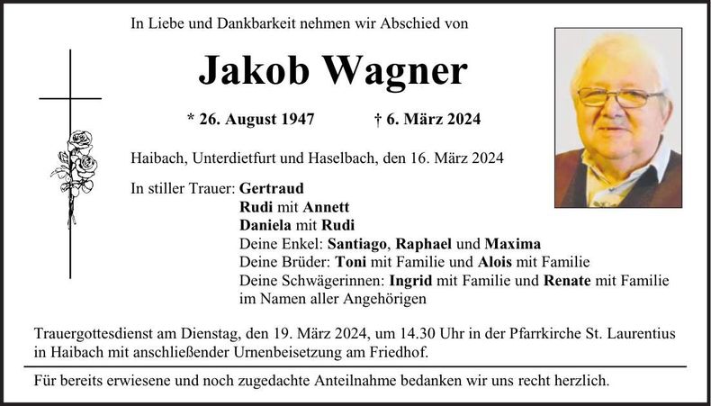 Traueranzeige Jakob Wagner