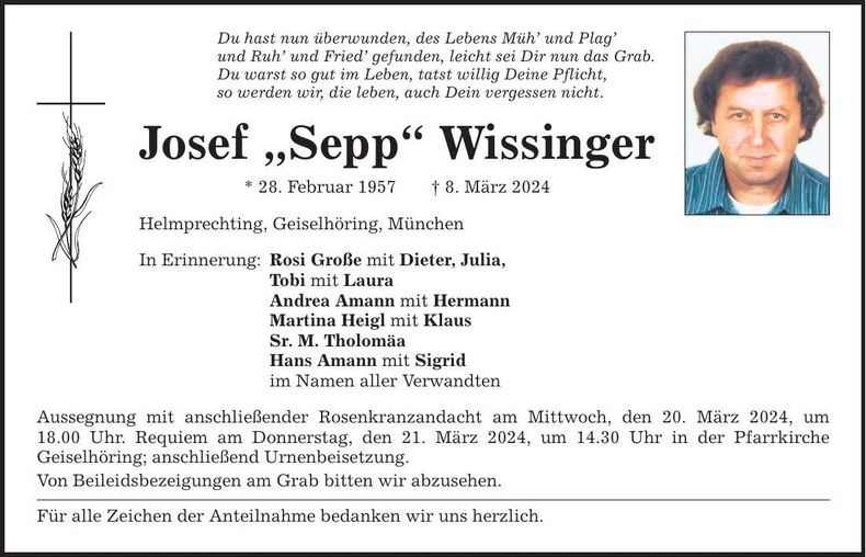 Traueranzeige Josef Wissinger