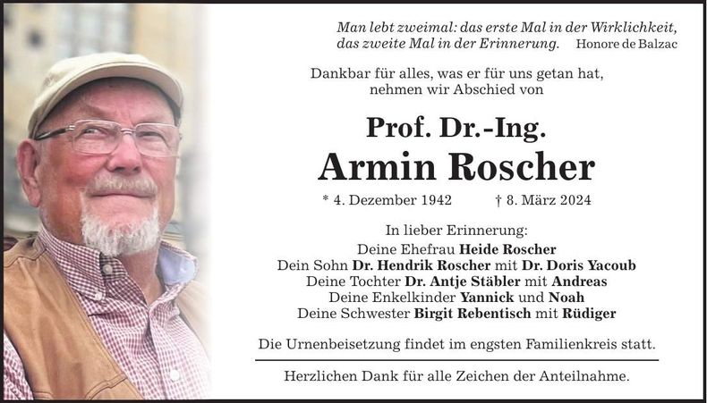 Traueranzeige Armin Prof. Dr. Ing. Roscher