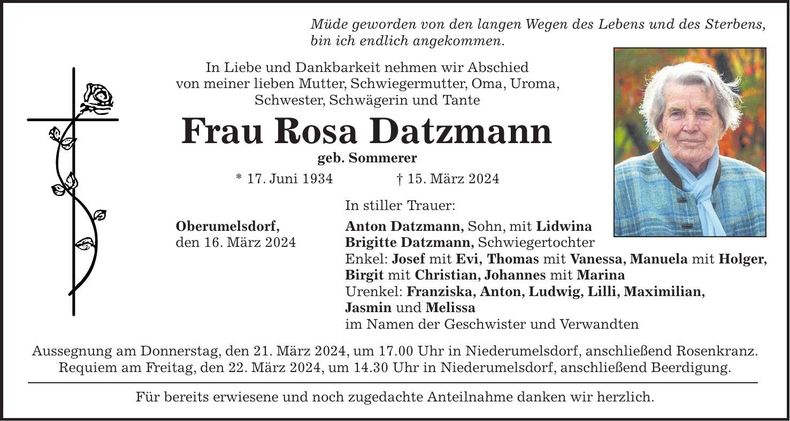 Traueranzeige Rosa Datzmann