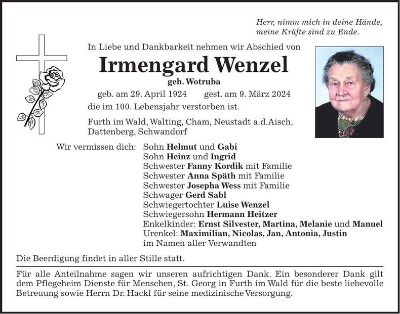 Traueranzeige Irmengard Wenzel