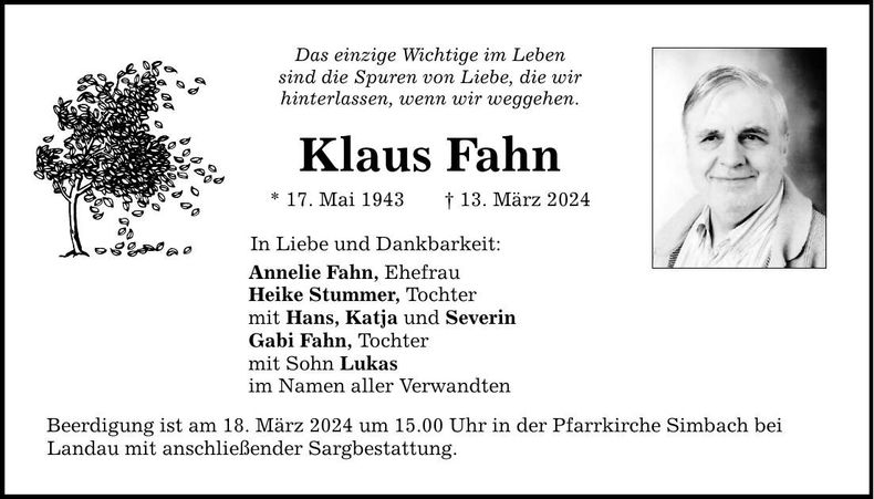 Traueranzeige Klaus Fahn