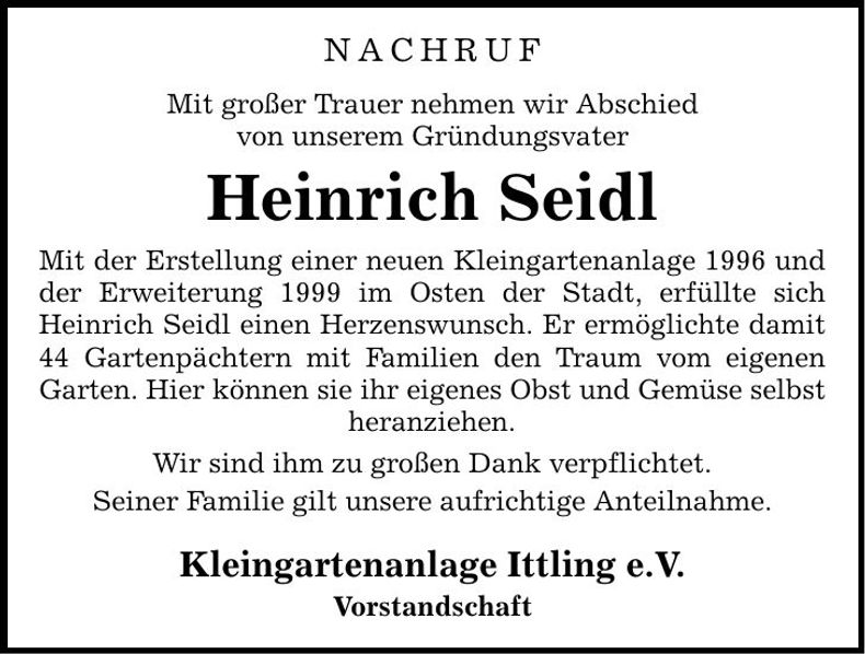 Traueranzeige Heinrich Seidl