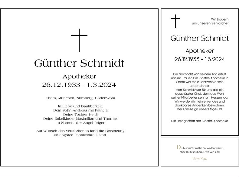 Traueranzeige Günther Schmidt