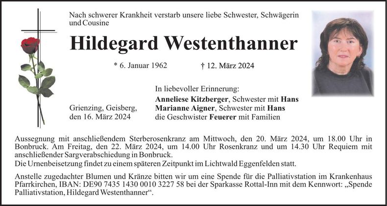 Traueranzeige Hildegard Westenthanner