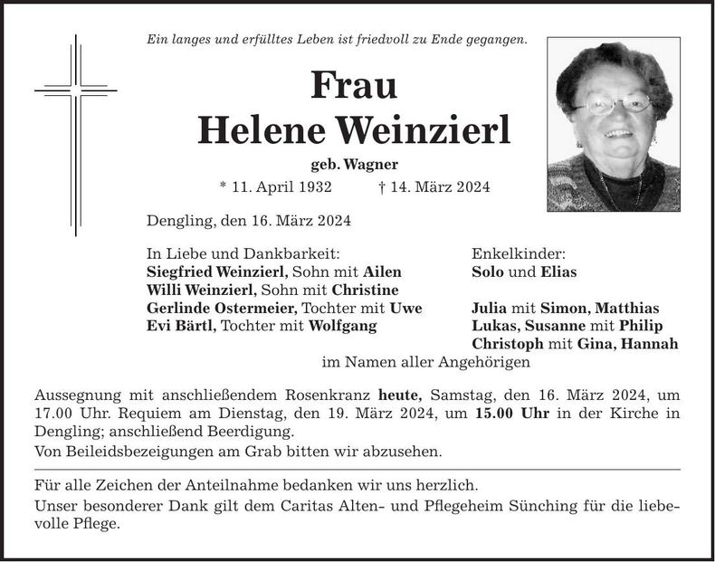 Traueranzeige Helene Weinzierl