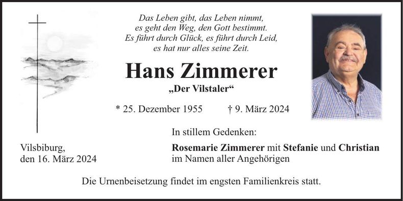 Traueranzeige Hans Zimmerer